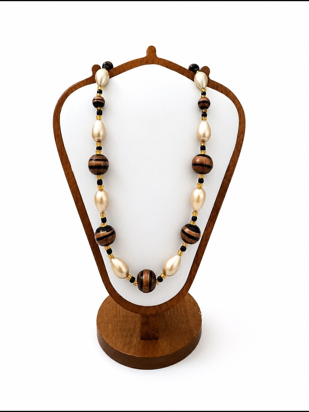 Faux Pearl and Gold Glass Bead Women's Necklace - Cream Gold and Brown